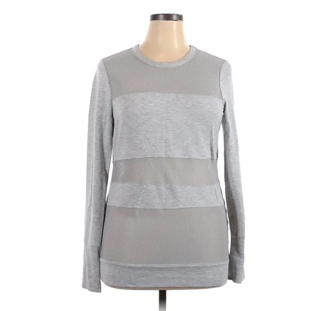 Gray Tunic Top Mesh T-Shirt Crew Long Sleeve Medium